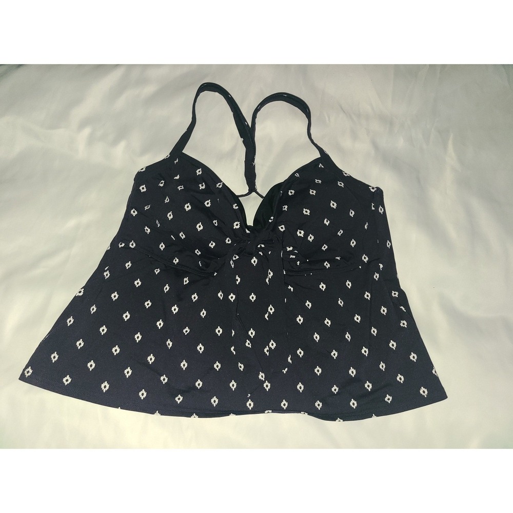 Lands End Womens Navy Blue White Diamond Print Tankini Swim Top Underwire 16W